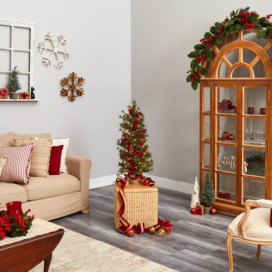3ft. Pre-Lit Pine Artificial Christmas Tree with Berries and Burlap Base, Warm White Lights
